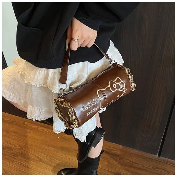 Y2K Kitty Embroidered Barrel Crossbody Bag - Picture 2 of 6